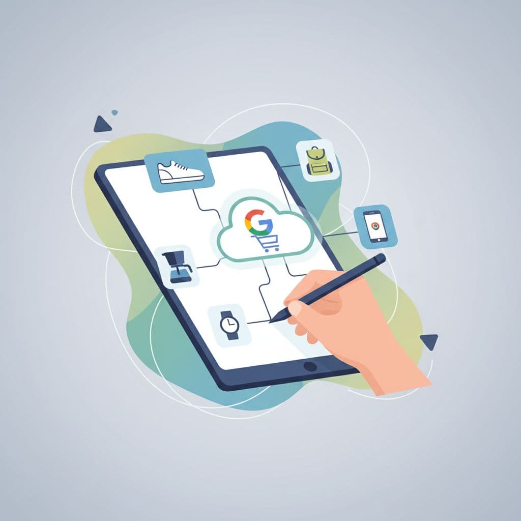 A hand writes on a digital tablet surrounded by floating icons representing retail product categories.