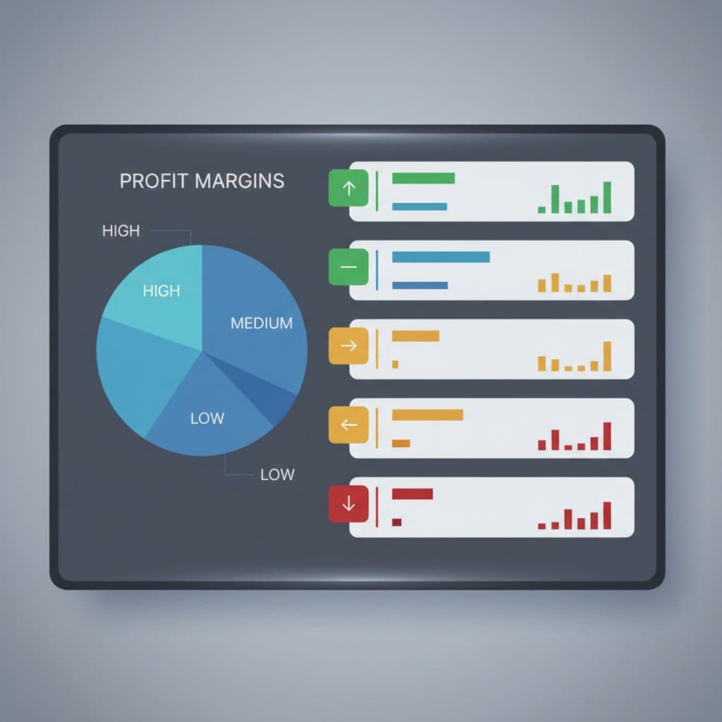 A digital interface displays product groups color-coded by profit margin levels using abstract bars.