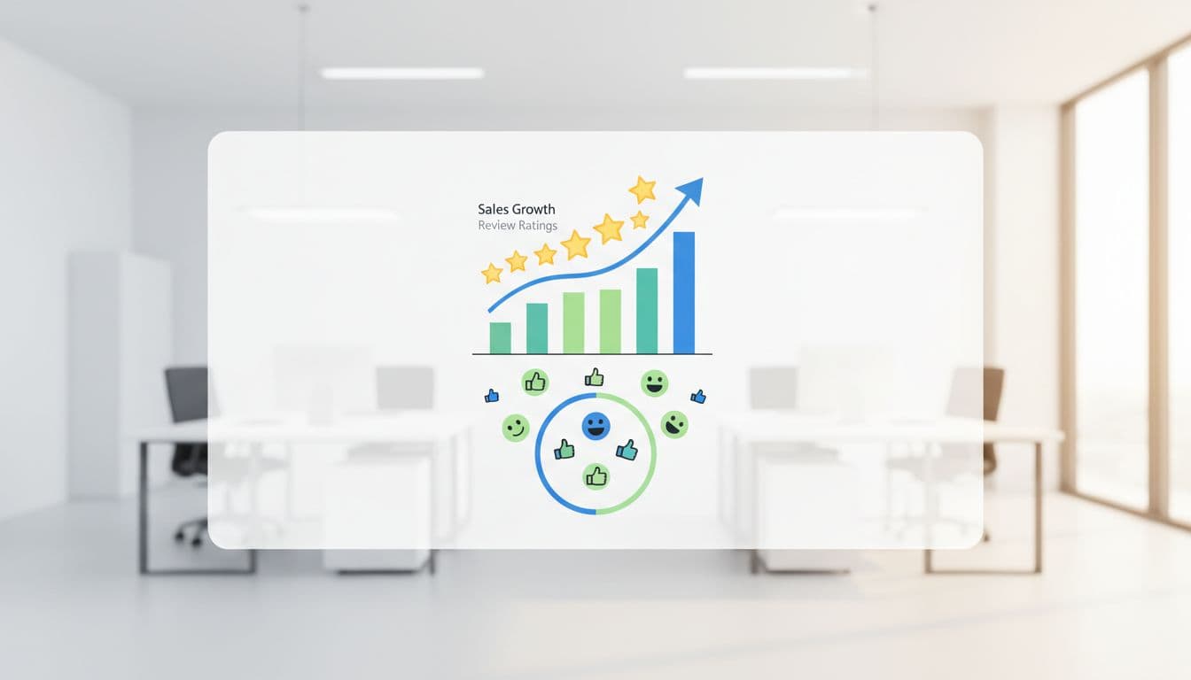 Simple ecommerce dashboard graph links star ratings to upward sales trend with rising positive feedback icons on clean modern office background.