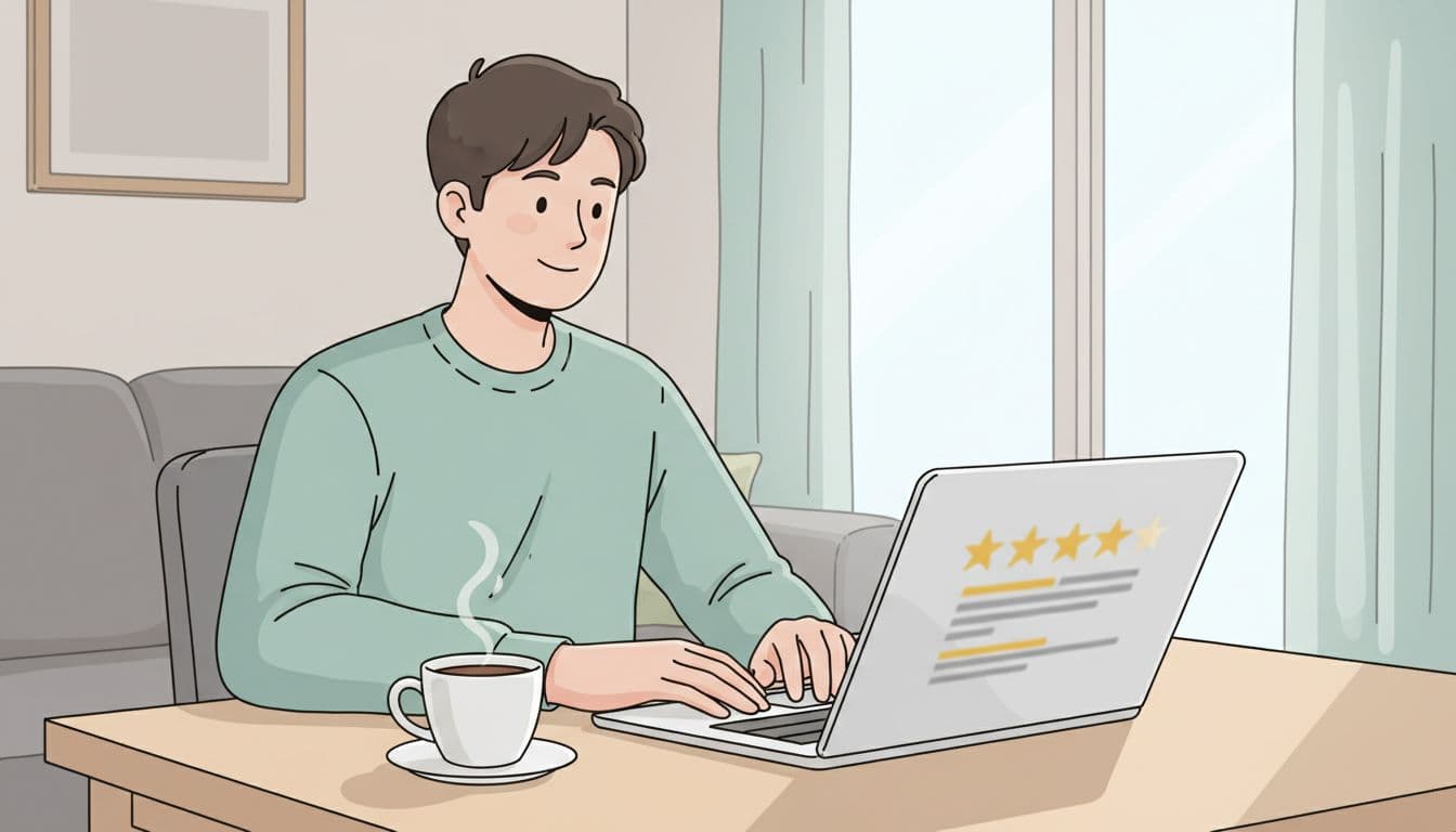 Happy person at modern home table types review on laptop with blurred stars and feedback text, coffee nearby.