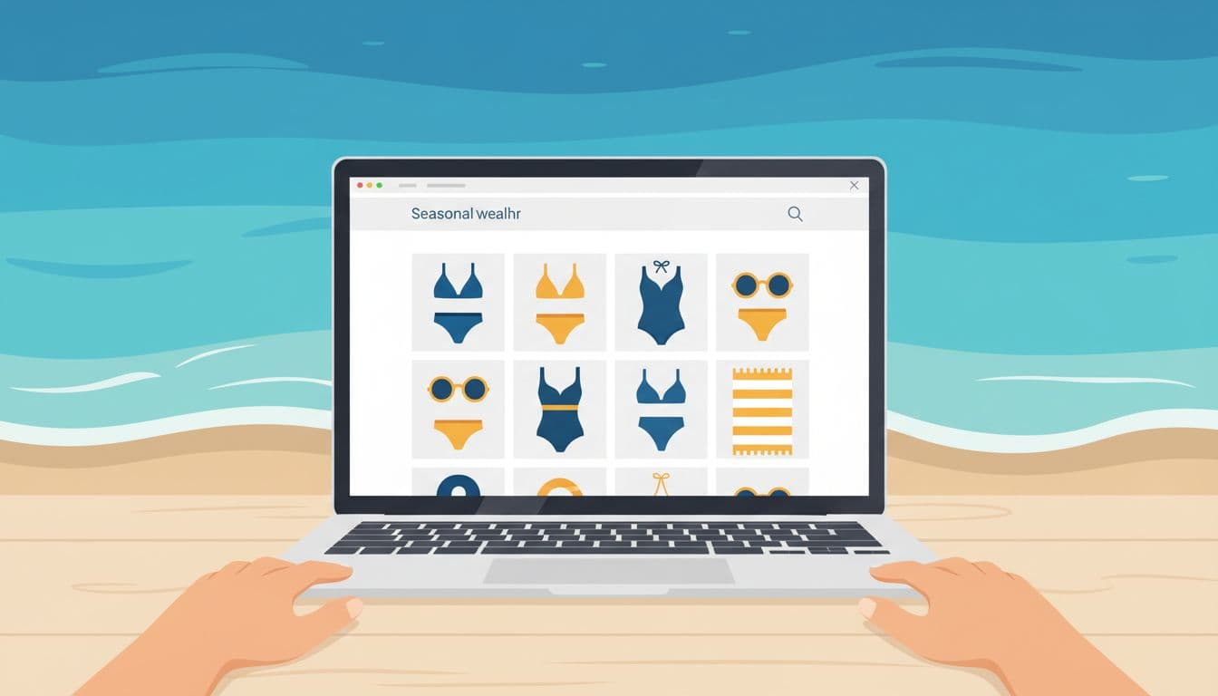 Overhead laptop view shows grid of swimsuit, sunglasses, towels in summer tones against subtle beach waves, relaxed hands nearby.