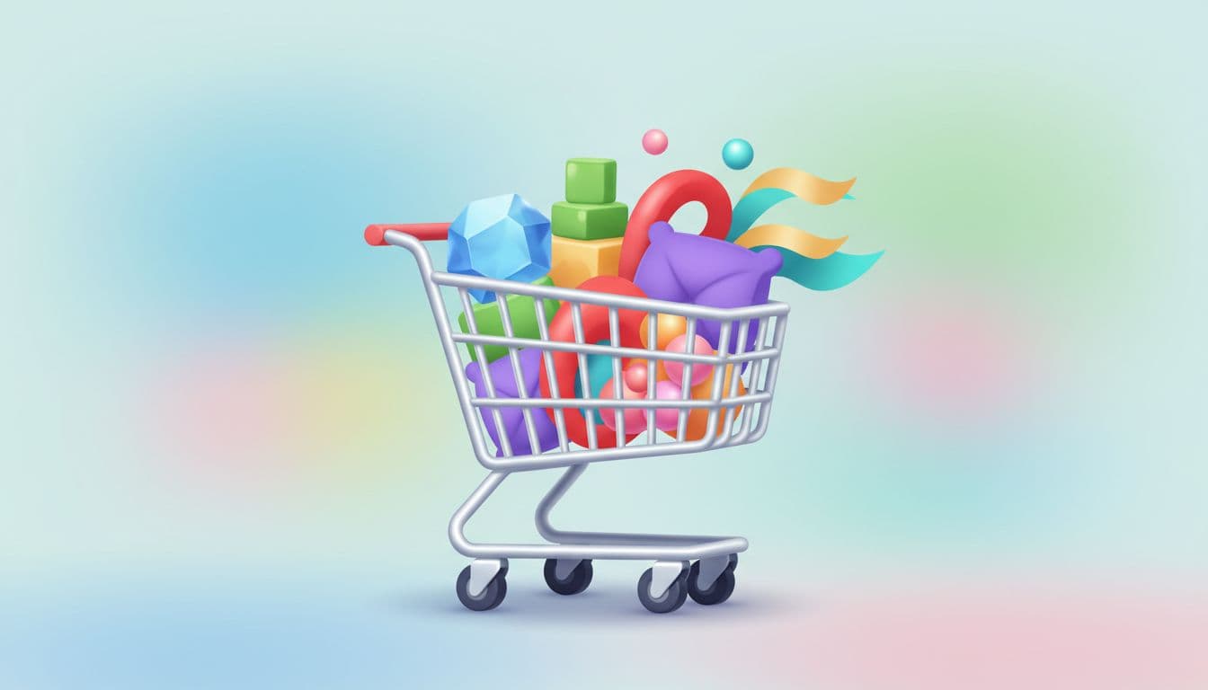 Shopping cart brims with various colorful products on soft background.