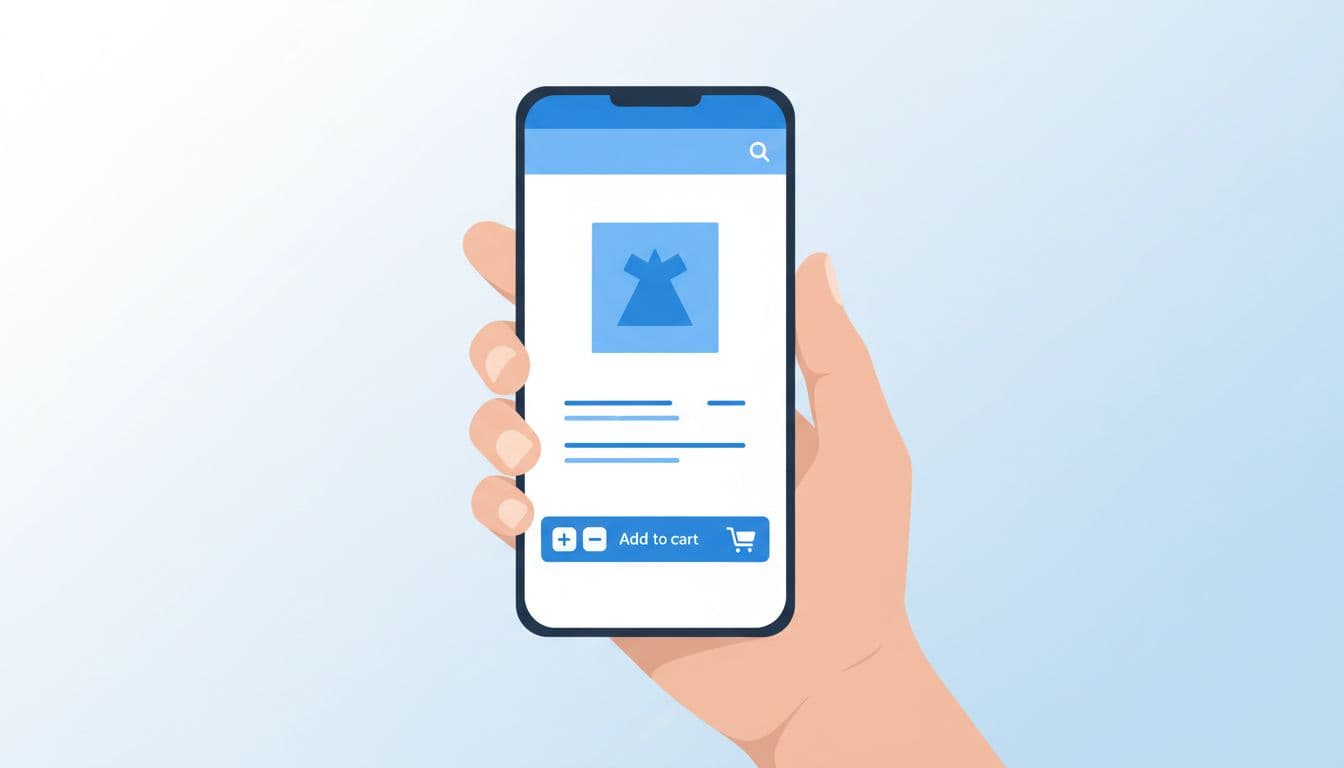 Hand holds smartphone showing ecommerce product page with fixed add-to-cart bar at bottom.