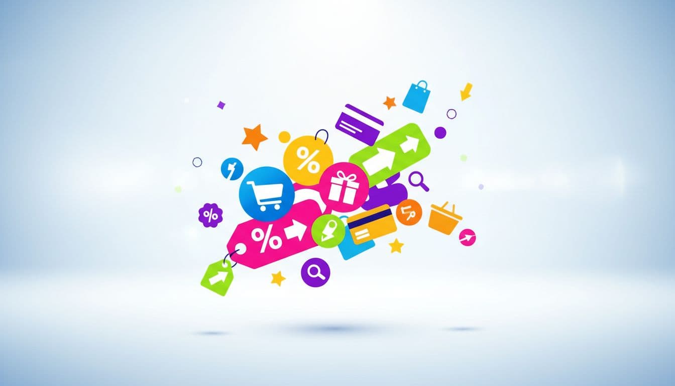 Vibrant sale tags and shopping cart symbols float across a bright, modern interior space. These abstract geometric shapes in bold primary colors create a dynamic composition representing active online retail traffic.