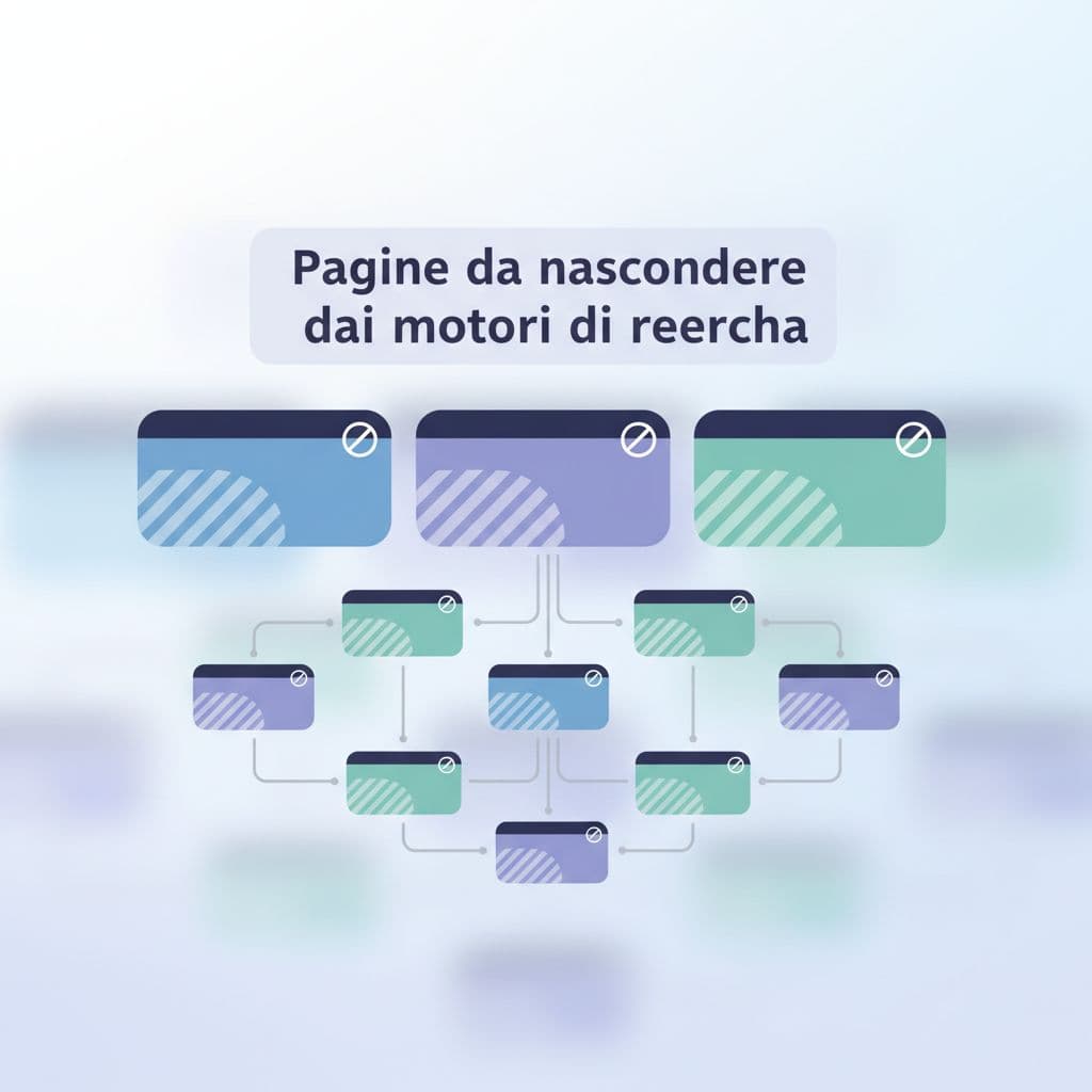 A clean digital illustration displays organized web layers and rectangular page icons. Selected pages feature subtle indicators signifying their hidden status within a harmonious, minimalist graphic interface design.