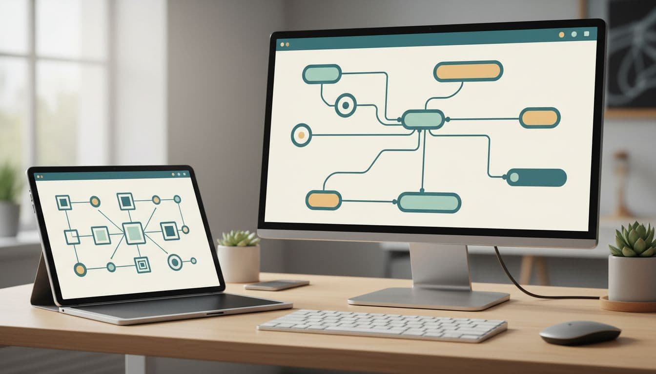 A sleek desk features a tablet and external monitor displaying abstract flowcharts and blue connection lines. These digital screens illustrate a systematic technical setup process within a professional home office space.