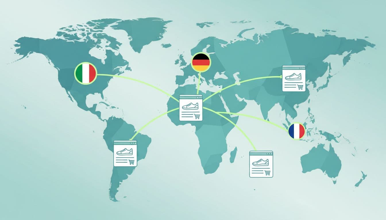World map with lines connecting Italian, German, and French flags to identical shoe product icons.