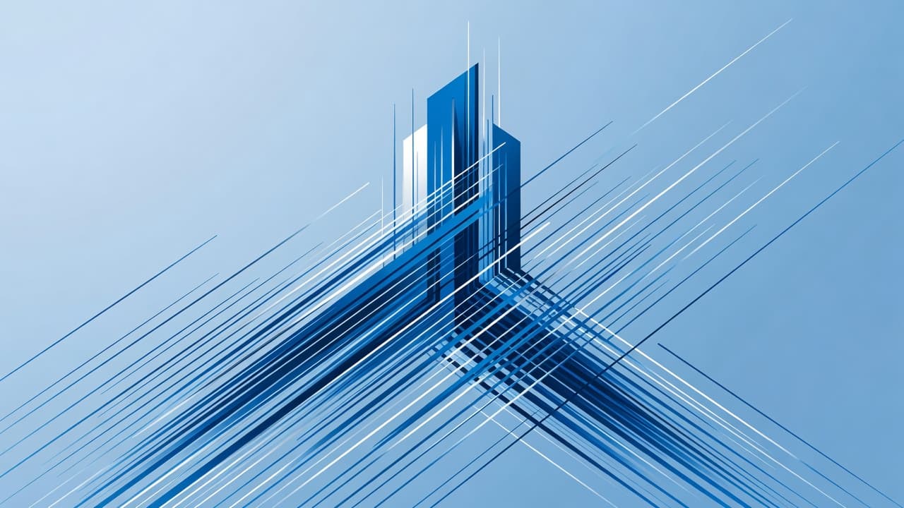 Sharp geometric lines rise upward in a cohesive arrangement to form a solid, stylized structure against a neutral background. This clean composition symbolizes ascending progress and systematic development for digital enterprises.