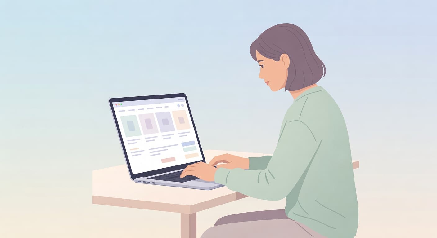 A person sits before a minimalist laptop screen displaying a clean interface layout. The design features high-contrast navigation buttons and spacious, organized content areas rendered in a soft pastel color palette.