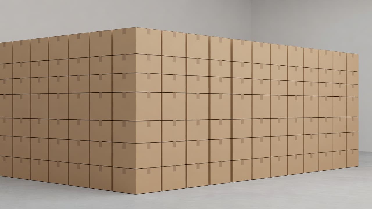 Several uniform cardboard boxes are organized in neat vertical stacks against a soft neutral background. The minimalist illustration emphasizes geometric precision and clean industrial logistics within a professional wholesale supply setting.
