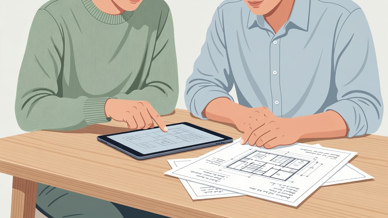 Due professionisti analizzano insieme schemi tecnici su un tavolo, mentre una mano indica un punto specifico su uno schermo tablet. L'illustrazione utilizza colori pastello tenui e forme geometriche molto pulite.