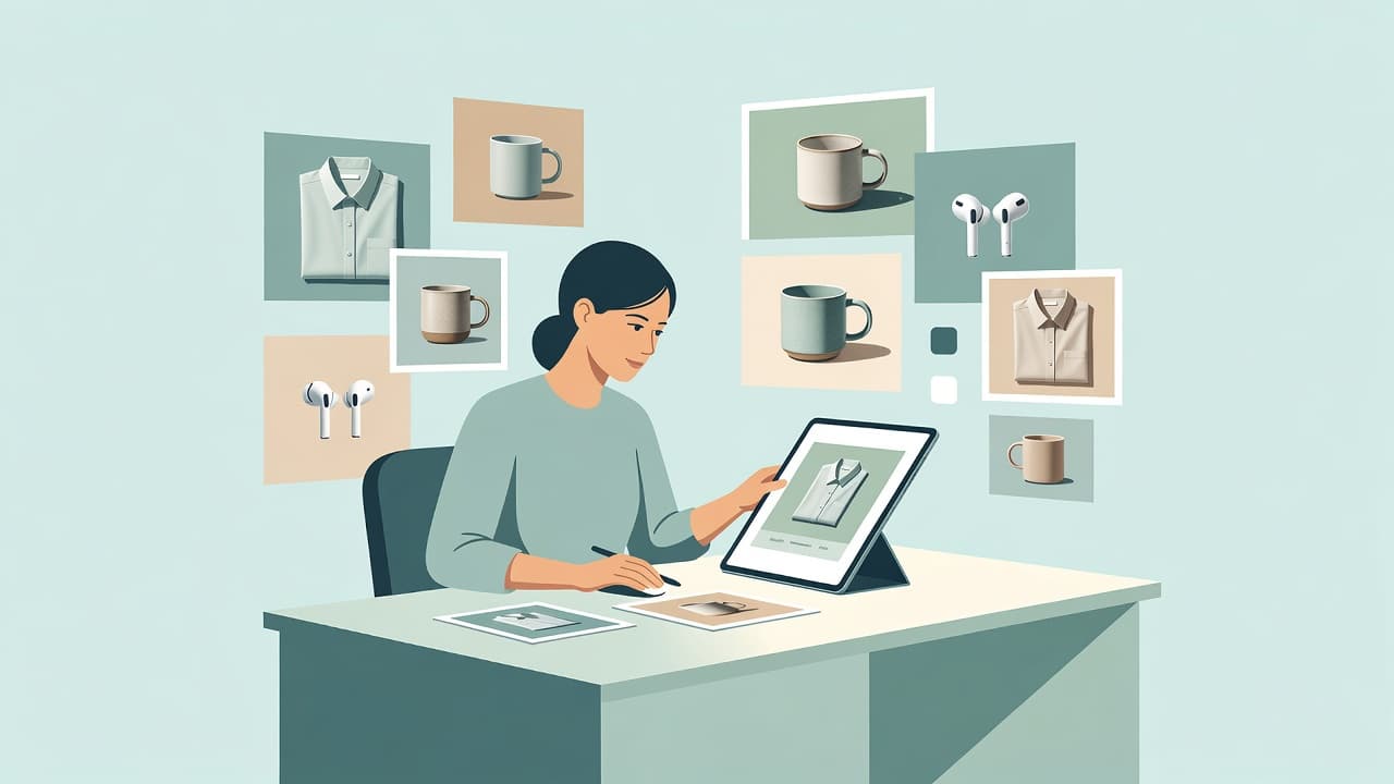 A minimalist illustration shows a person arranging digital product squares on a screen. Soft pastel shapes and bright lighting create an organized workspace setting designed for effective online retail management.