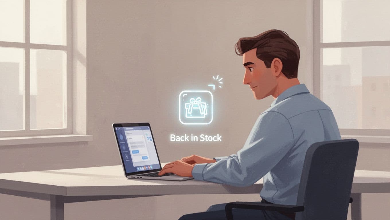 A focused individual stares at a large computer screen displaying a digital icon of a returned item. The minimalist illustration features soft geometric shapes against a muted, professional backdrop.