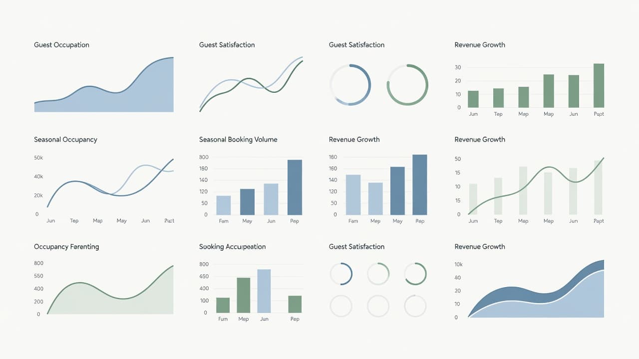 Una dashboard digitale con grafici a barre minimalisti e indicatori di prenotazione disposti su uno sfondo pulito. I colori tenui e le icone semplificate organizzano visivamente i flussi operativi di un hotel.
