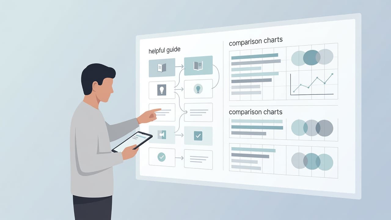 An illustrated figure stands before a large glowing display screen that features organized data comparison charts and instructional graphics. The soft color palette creates a professional and clean learning environment.