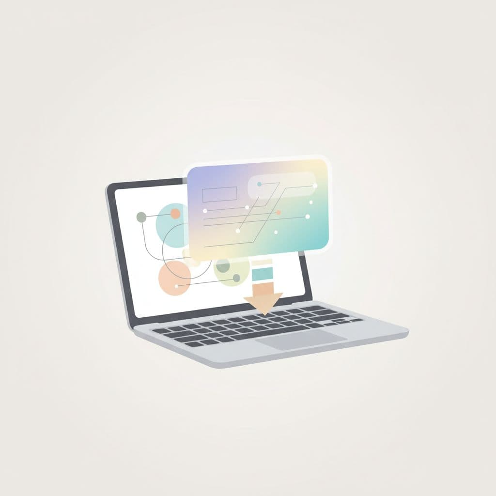 An open laptop rests on a neutral surface with a glowing, stylized gift card graphic hovering directly above the screen. Geometric shapes surround the scene in a clean, minimalist aesthetic.