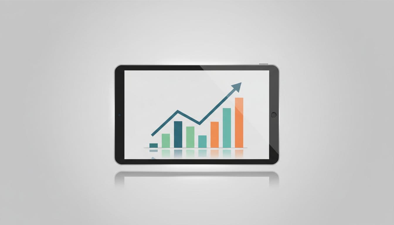 A sleek digital tablet displays vibrant bar charts trending upward against a clean neutral backdrop. These abstract graphics highlight successful data growth and recovery metrics without any surrounding text or distractions.
