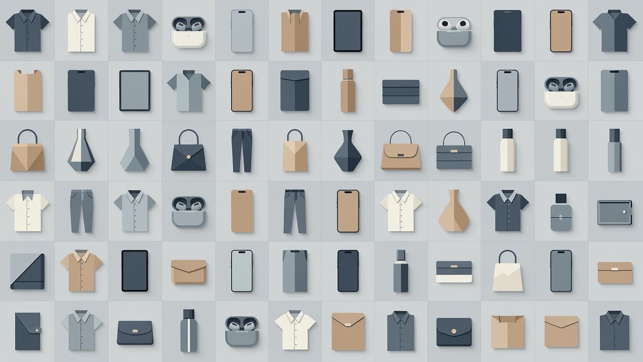 A collection of stylized retail items are arranged within a symmetrical digital grid. Soft geometric shapes and muted professional tones provide a clean, organized layout for an online shopping interface.