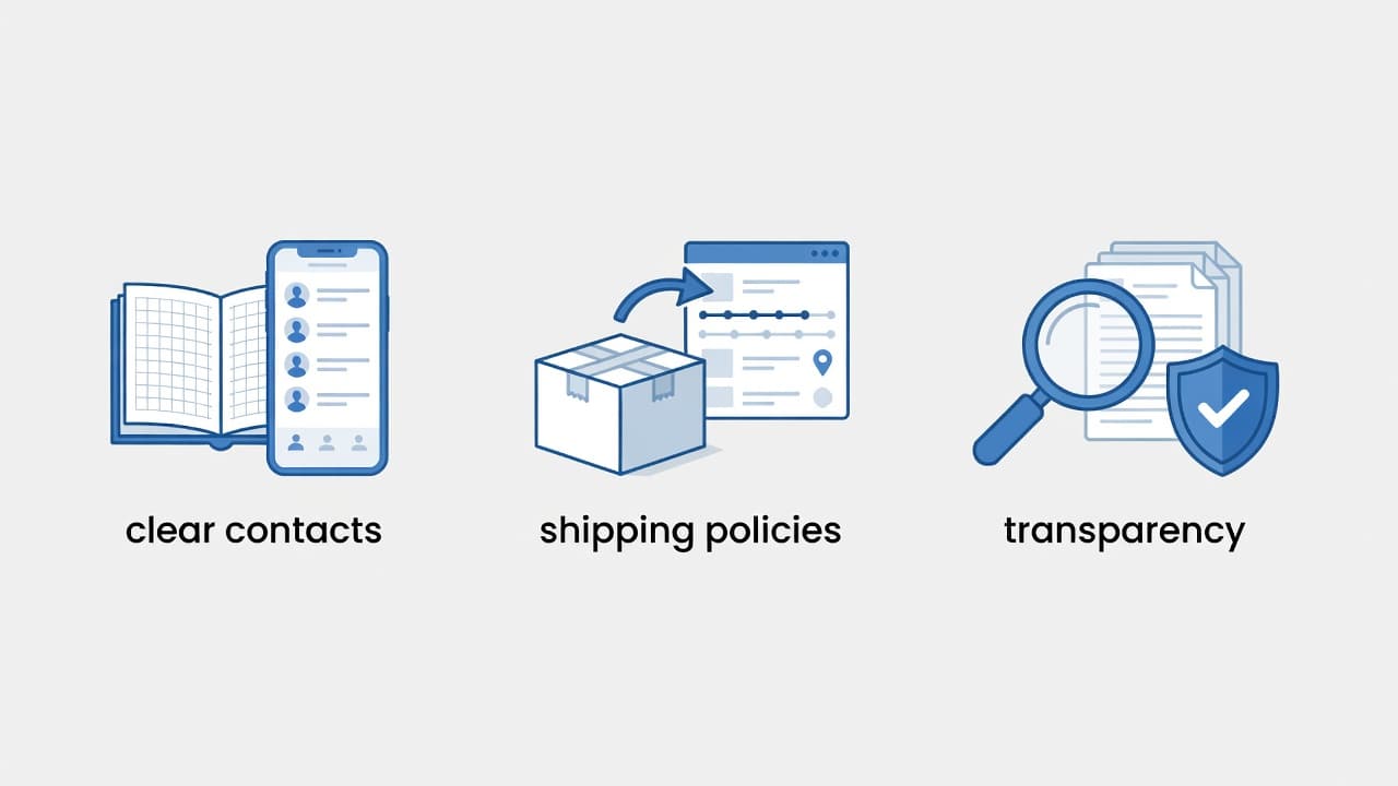 A collection of colorful flat-style icons featuring shipping boxes, contact profile symbols, and magnifying glasses for clarity. These arranged graphics represent professional customer service and reliable delivery standards on light backgrounds.