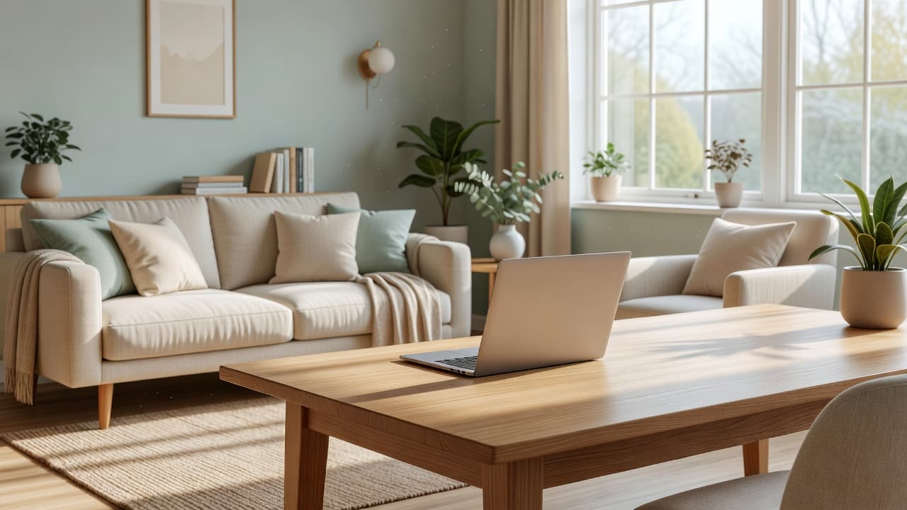 Un laptop moderno aperto poggia sopra un tavolo in legno chiaro all'interno di una stanza luminosa. L'ambiente accogliente comunica un'atmosfera serena ideale per chi gestisce le prenotazioni del proprio bed and breakfast.