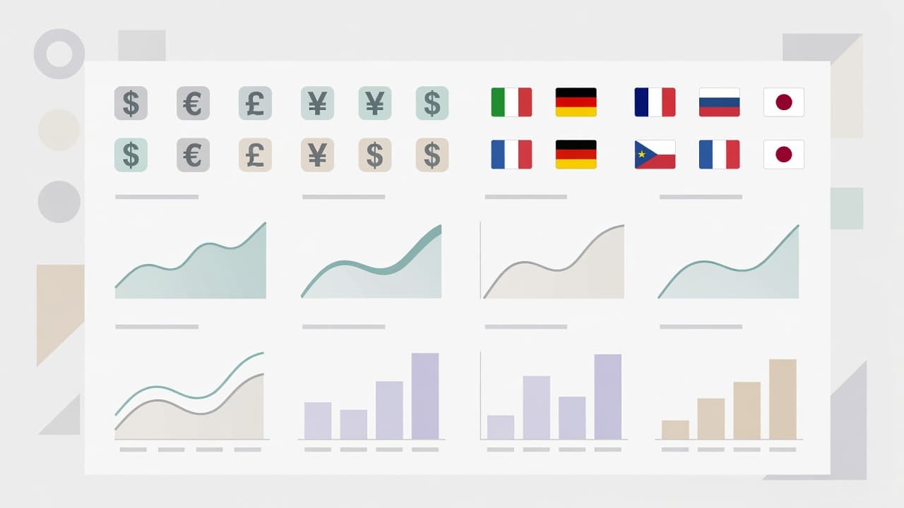 A stylized dashboard interface displays colorful currency icons, small national flags, and analytical sales charts against a clean, neutral background. Geometric shapes define the layout for clear, professional data visualization.