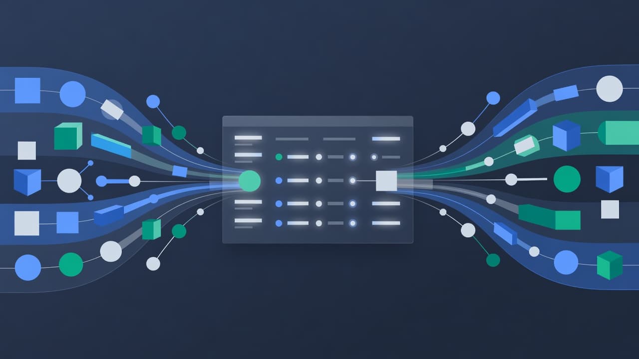 Geometric shapes representing digital product information flow steadily into a centralized dashboard interface. The composition uses a clean, cohesive color palette to highlight the seamless synchronization of inventory data streams.