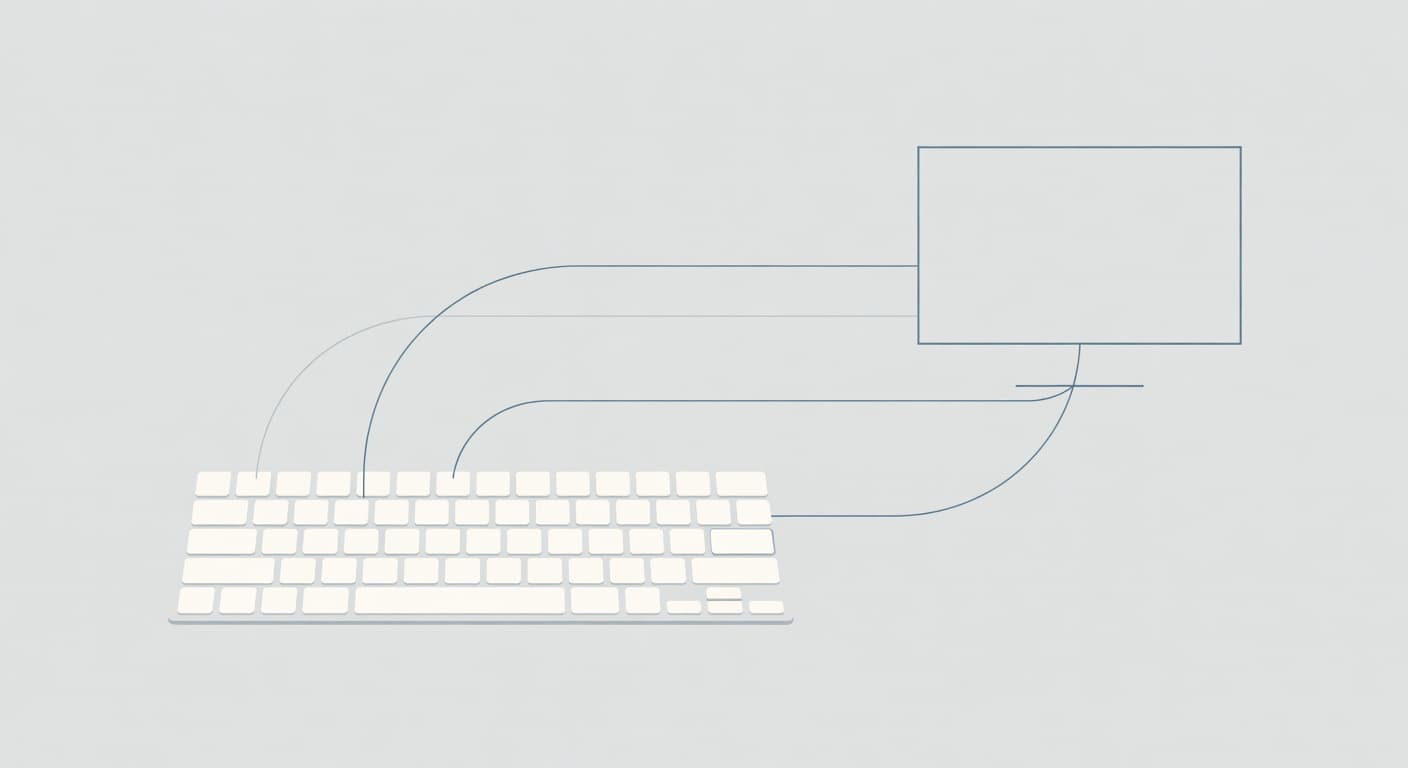 A simplified keyboard layout sits before a glowing computer screen displaying a clean, streamlined checkout process. Soft pastel lines trace the path of cursor movement, highlighting an efficient digital user experience.