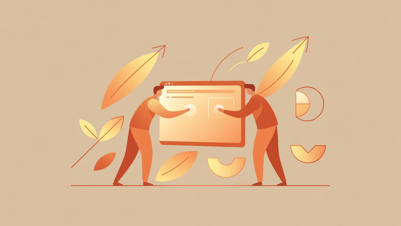 Two stylized figures engage with a large glowing screen featuring abstract growth symbols. Warm orange and soft yellow tones highlight their cooperative gestures within a clean, minimalist professional workspace design.