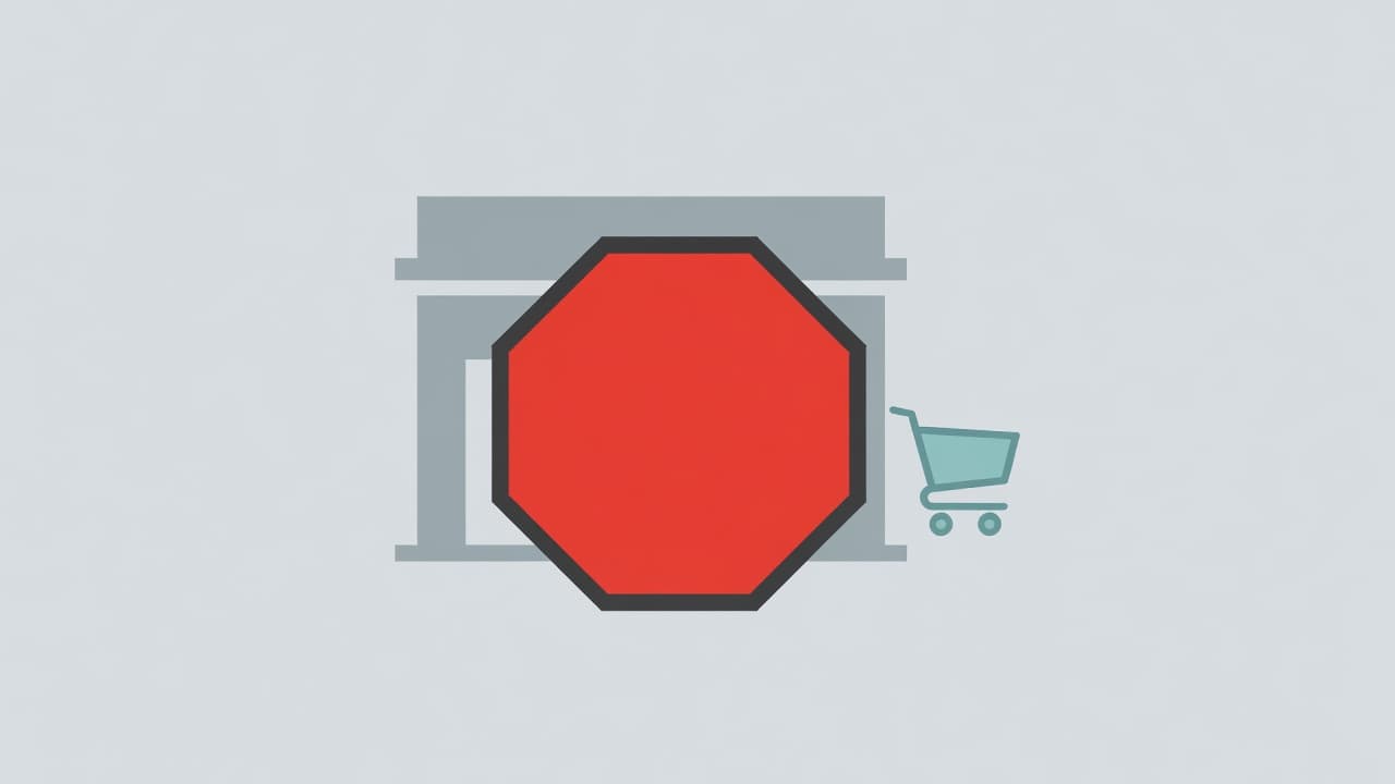 A minimalist flat illustration features a prominent red stop sign positioned directly before a storefront icon. The neutral background emphasizes the concept of an abrupt interruption to digital e-commerce operations.