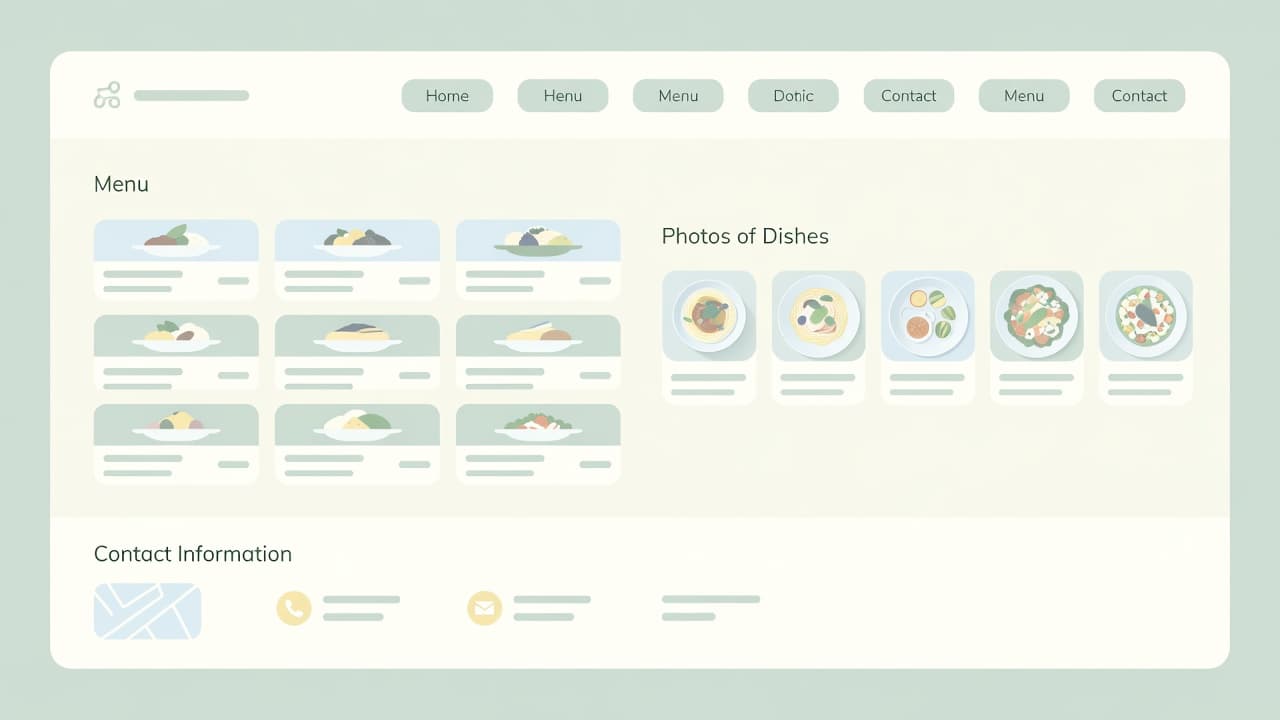 A clean web interface design for a restaurant features organized sections for a food menu, professional gallery photos, and contact details. The layout utilizes soft colors and a minimalist design approach.