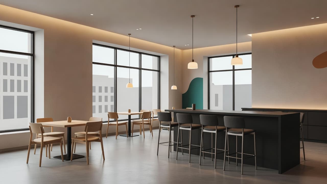 Minimalist dining tables with sleek chairs sit under warm pendant lights. The interior features clean lines and a neutral color palette that emphasizes a professional and welcoming atmosphere for guests.