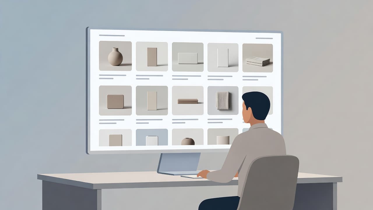 A professional employee observes a computer screen displaying abstract product listings with clean imagery. Soft lighting highlights the minimalist workspace, focusing on digital marketing strategies and clean product data visualization.