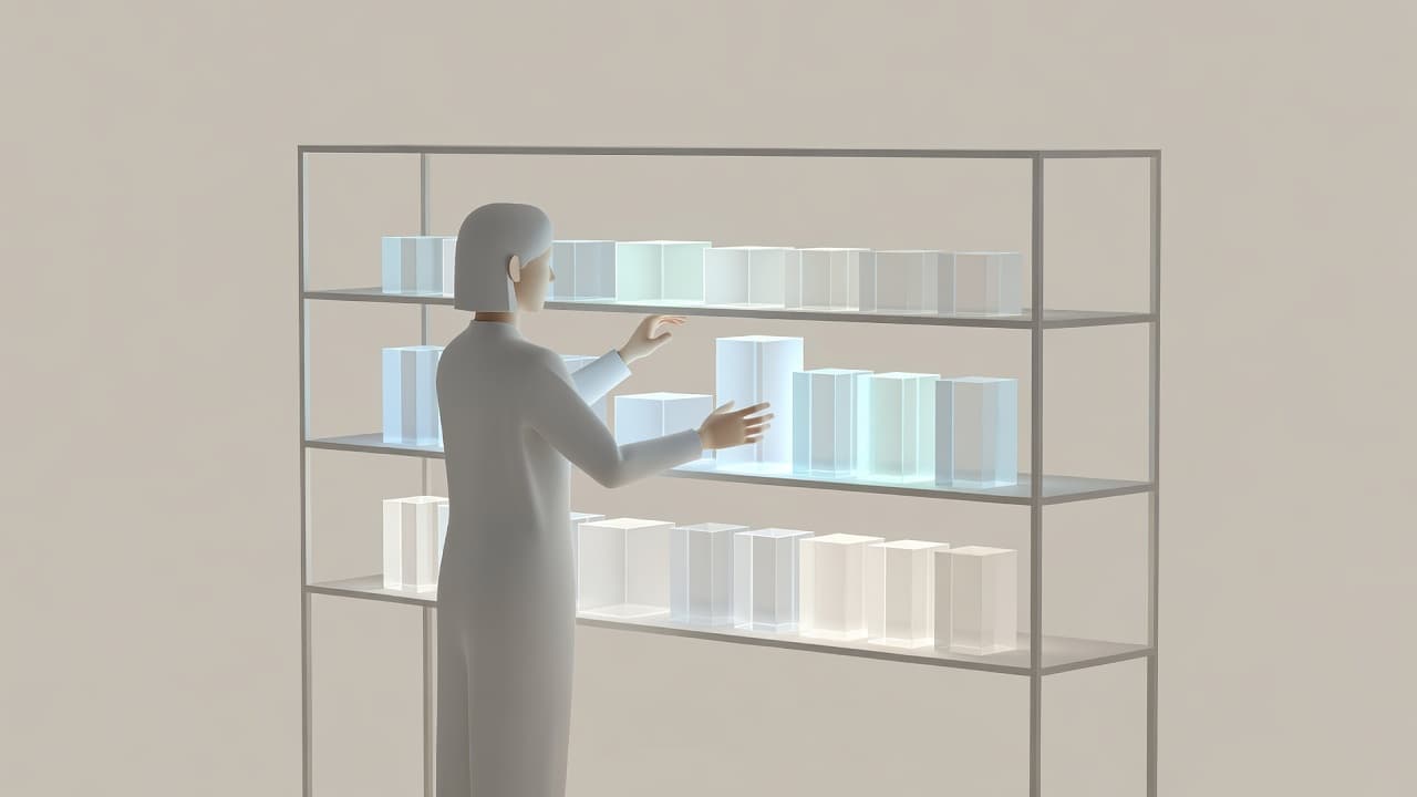 A person carefully arranges transparent, illuminated blocks onto a minimalist shelving unit. The scene emphasizes clear organization and orderly filing systems against a soft, muted background with clean geometric lines.