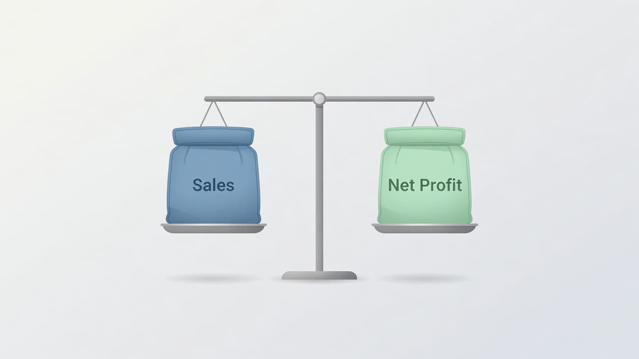A minimalist graphic illustration displays a centered scale holding two heavy bags representing financial metrics. Neutral soft tones highlight the tension between gross sales volume and actual bottom-line net profit.