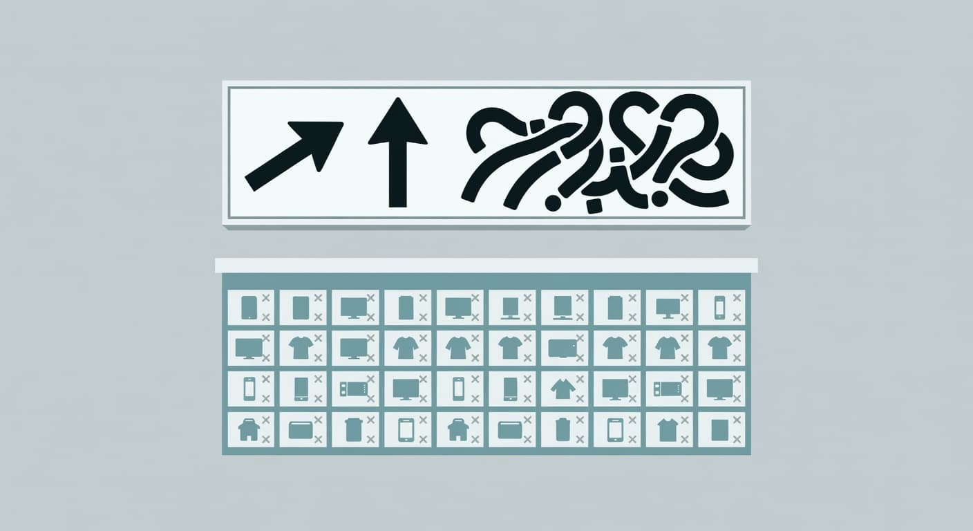 A stylized digital sign displaying abstract shapes hovers above a minimalist storefront window. The clean design uses muted tones to represent technical confusion within an online shopping environment.
