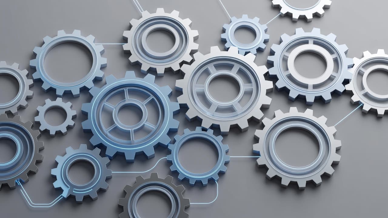 Precise mechanical gears mesh together in a minimalist digital environment, symbolizing the seamless alignment of product pricing and fiscal requirements. Soft glowing lines define the clean geometric structure of each component.