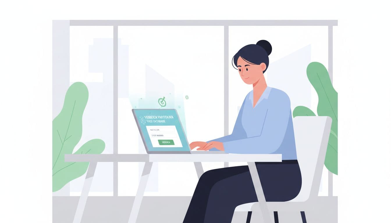 A focused professional sits at a clean, minimalist desk while using a laptop to review financial records. The bright workspace features modern geometric shapes and a calm, productive environment for work.