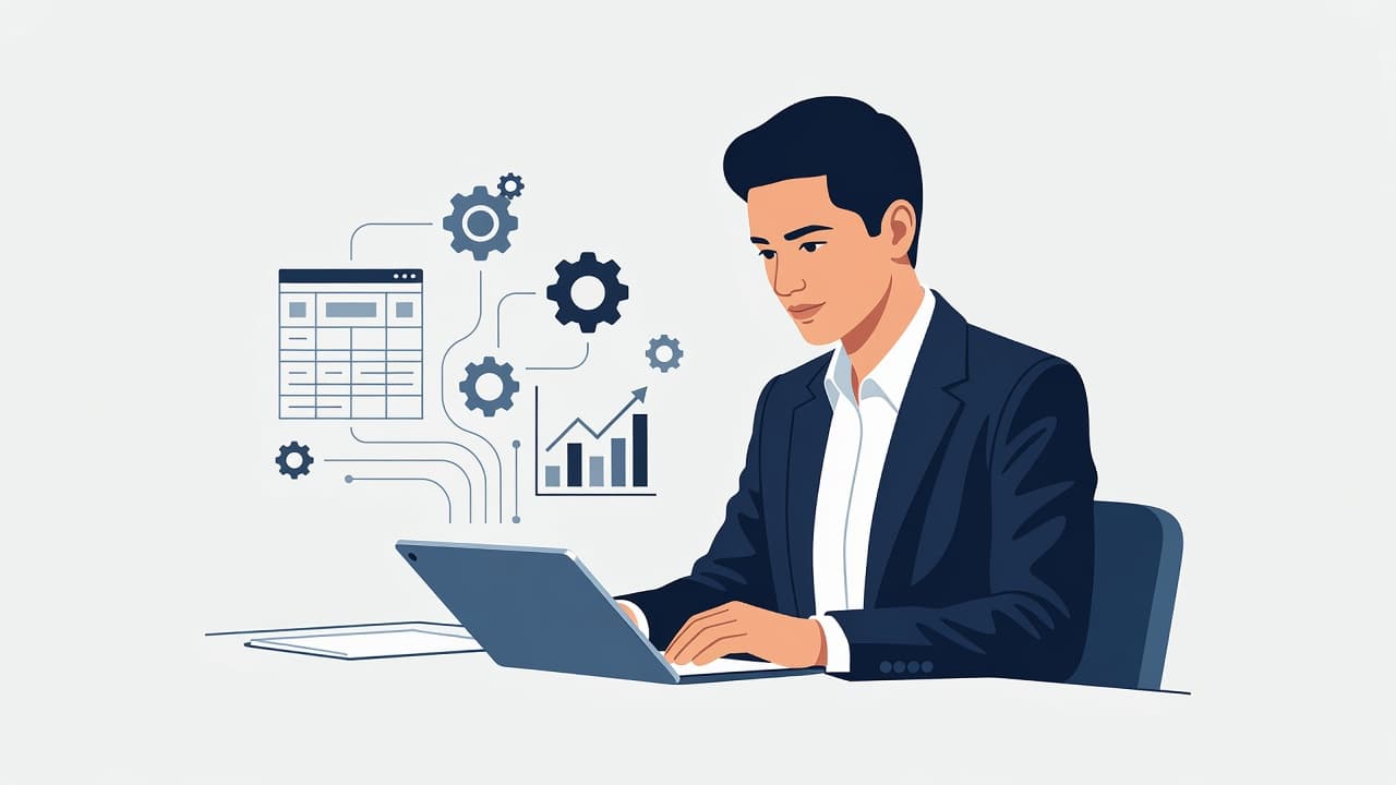 A focused professional sits at a clean desk viewing a digital tablet. Floating minimalist icons representing coding, design, and data analytics surround him against a soft, neutral-colored wall backdrop.