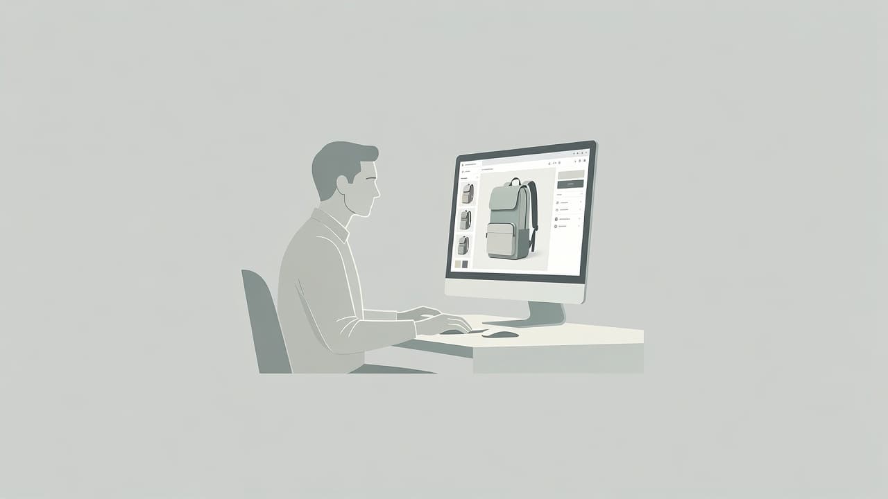 Una figura stilizzata osserva lo schermo di un computer mostrando una simulazione di un articolo personalizzato. Il design minimalista utilizza tonalità pastello e uno sfondo neutro per enfatizzare l'interfaccia utente.