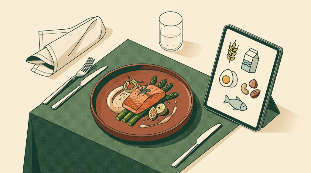 Un piatto gourmet e un tablet con icone di allergeni su un tavolo da ristorante.