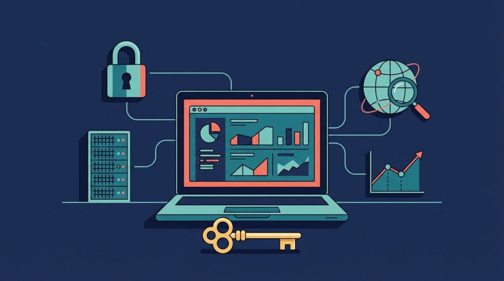 Illustrazione di una dashboard web sicura e una chiave dorata su sfondo blu.