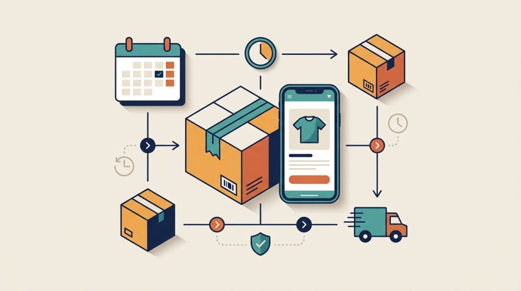 Un pacco, uno smartphone, un calendario e un camioncino delle consegne collegati da una linea temporale.
