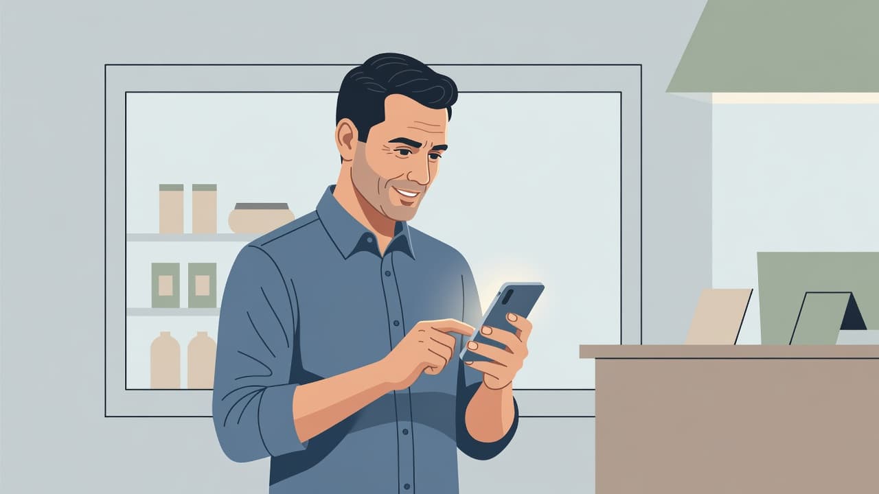 Un giovane imprenditore guarda con attenzione lo schermo di uno smartphone, tenuto tra le mani in un ambiente minimalista. I colori tenui e le forme geometriche pulite definiscono l'intera composizione grafica.
