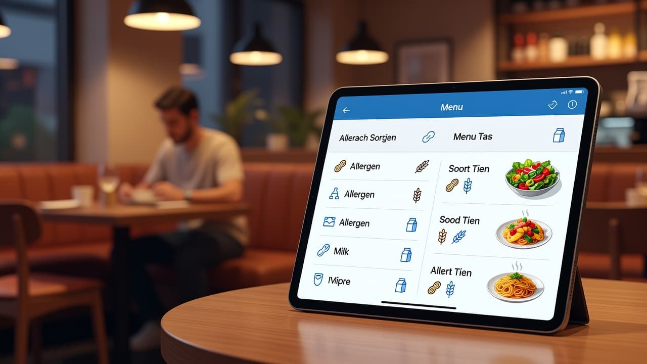 Un tablet mostra un menu digitale con icone degli allergeni in un ristorante.