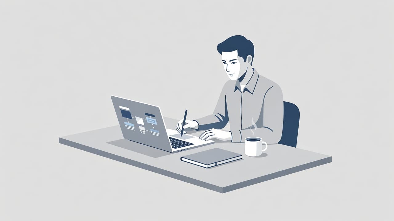 Una moderna scrivania con laptop, taccuino e caffè per la pianificazione digitale.