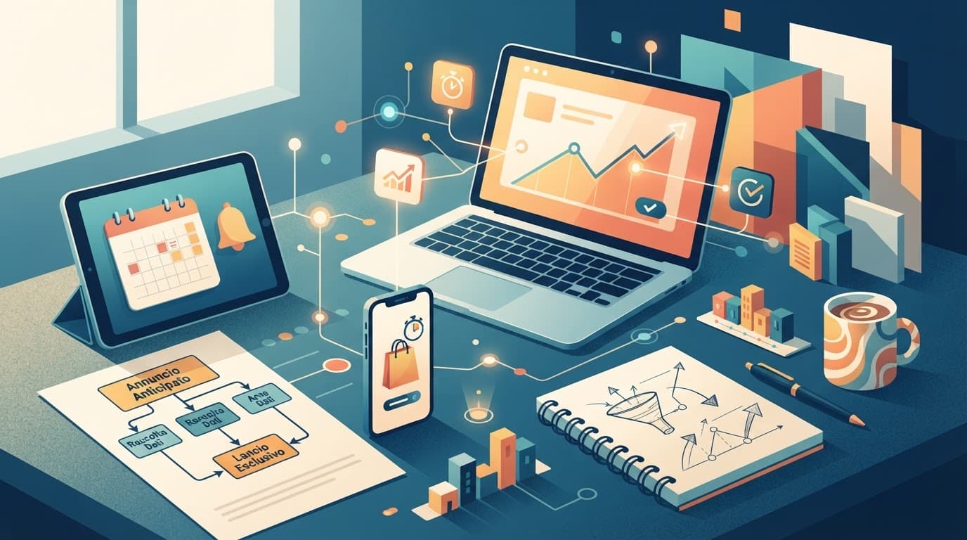 Grafici e icone di marketing disposti ordinatamente su una scrivania pulita.