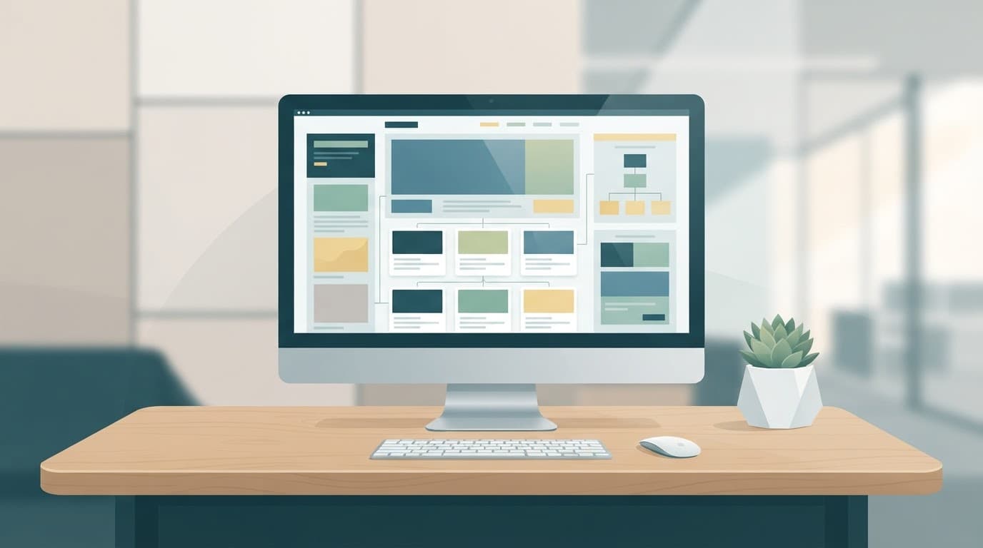 Schermo di computer con schema di layout web su una scrivania minimalista.