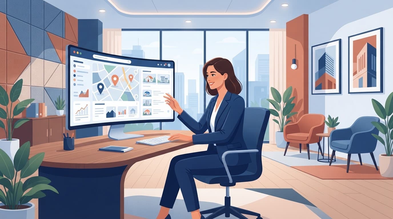 Un professionista cerca immobili su uno schermo in un ufficio moderno.