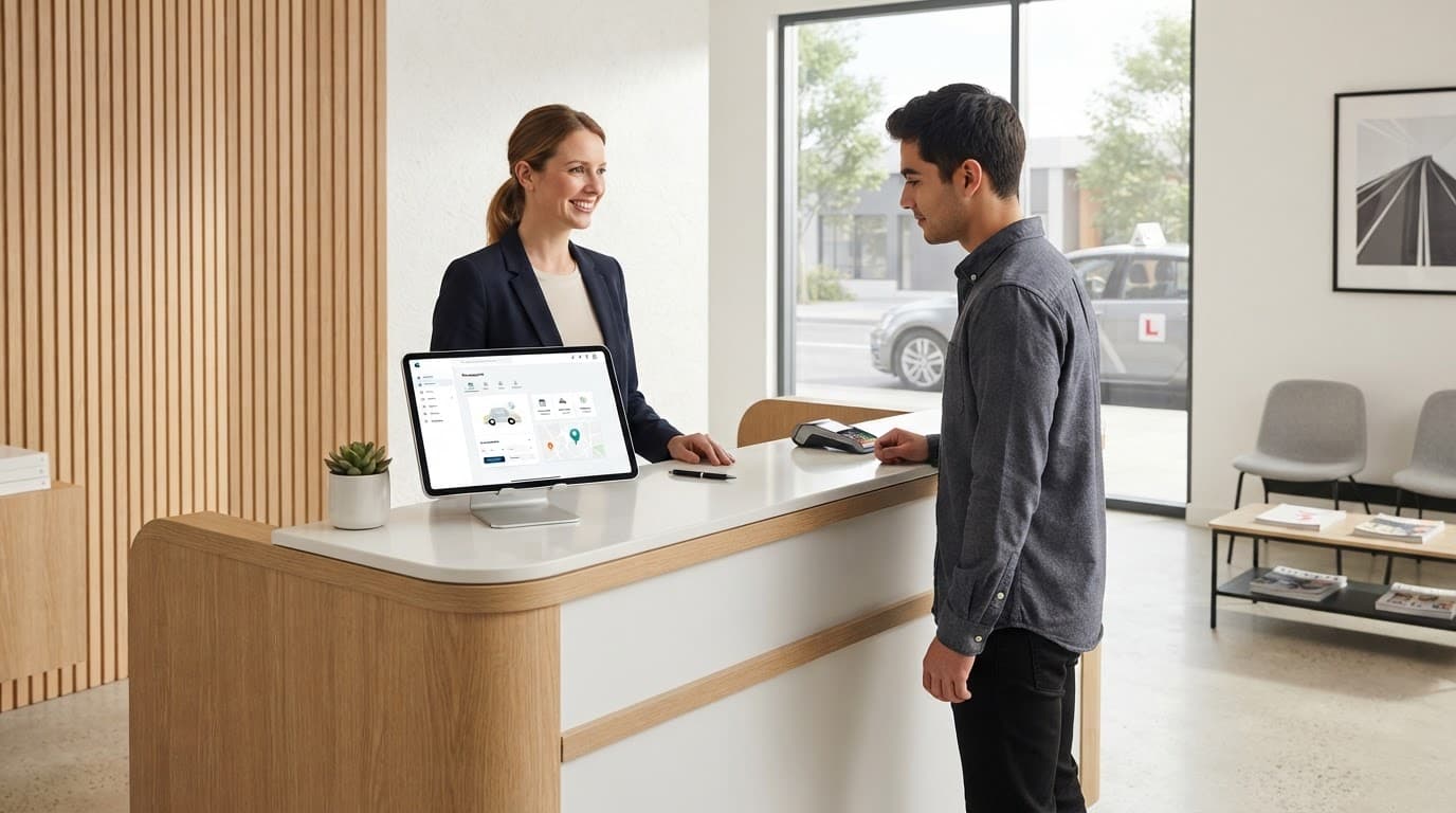 Banco reception con tablet e interfaccia web pulita in un ambiente luminoso.