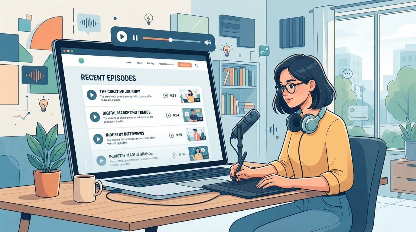 Una persona gestisce un sito podcast con episodi e lettore audio al computer.
